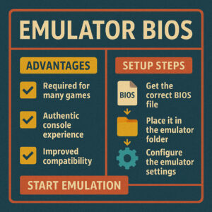 Farbige Infografik mit Vorteilen und Setup-Schritten für Emulator BIOS im Retro-Stil