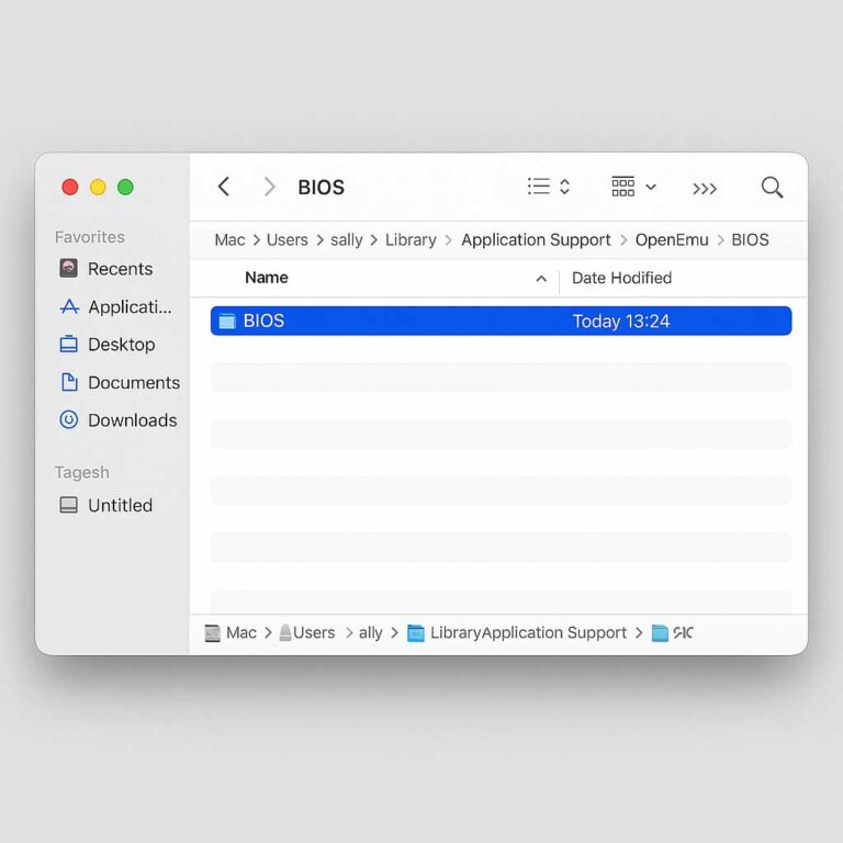 Finder-Fenster mit geöffnetem BIOS-Ordner von OpenEmu unter macOS