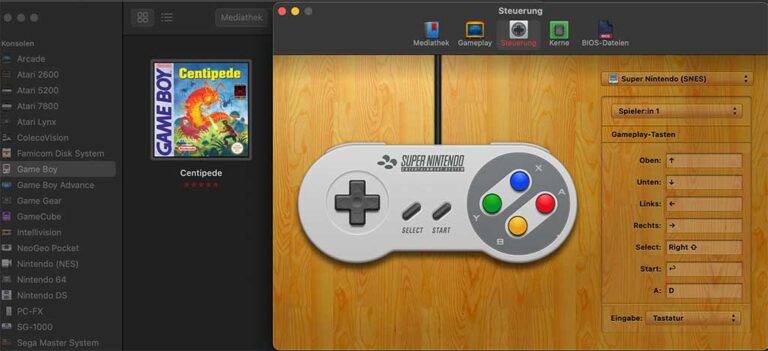 Screenshot der OpenEmu Oberfläche auf dem Mac mit geöffnetem Controller-Einstellungsmenü