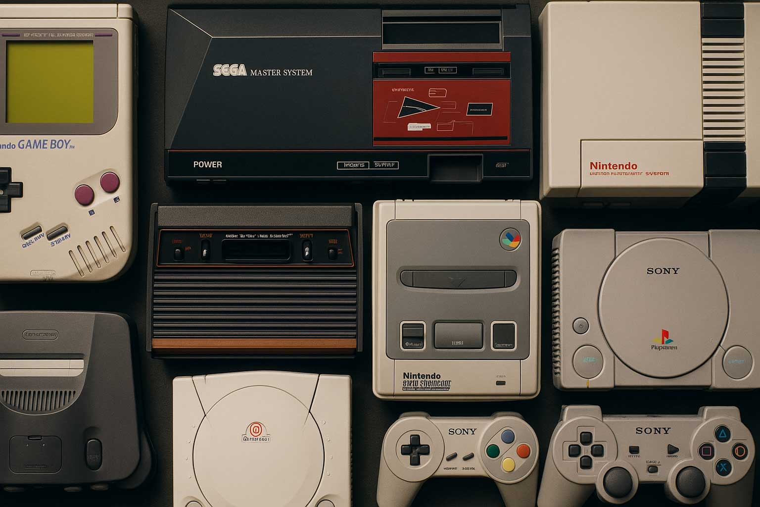 Collage mit Retro Konsolen wie Game Boy, NES, Sega Master System und PlayStation in 16:9